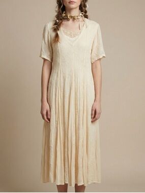 vintage 90s cream yellow embroidered tea length dress prairie Fairy Romantic